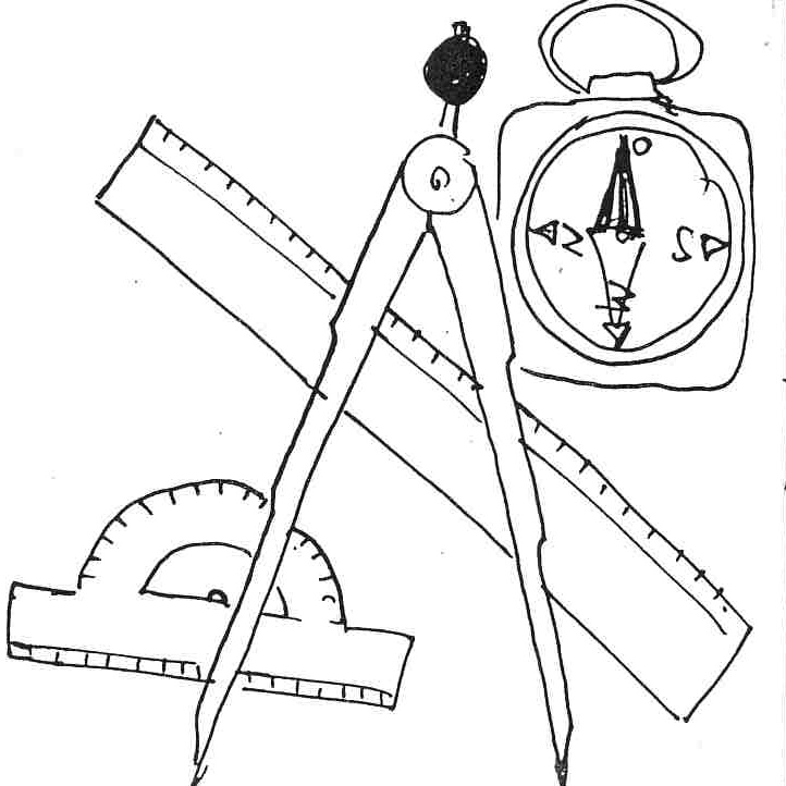 Zeichung eines Kompass, Zirkel und verschiedener Lineale