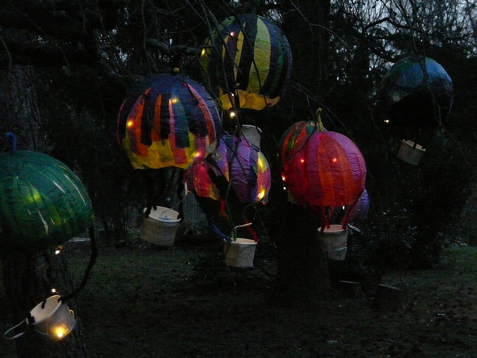 In einem Baum hängen bunte Laternen im Dunkeln